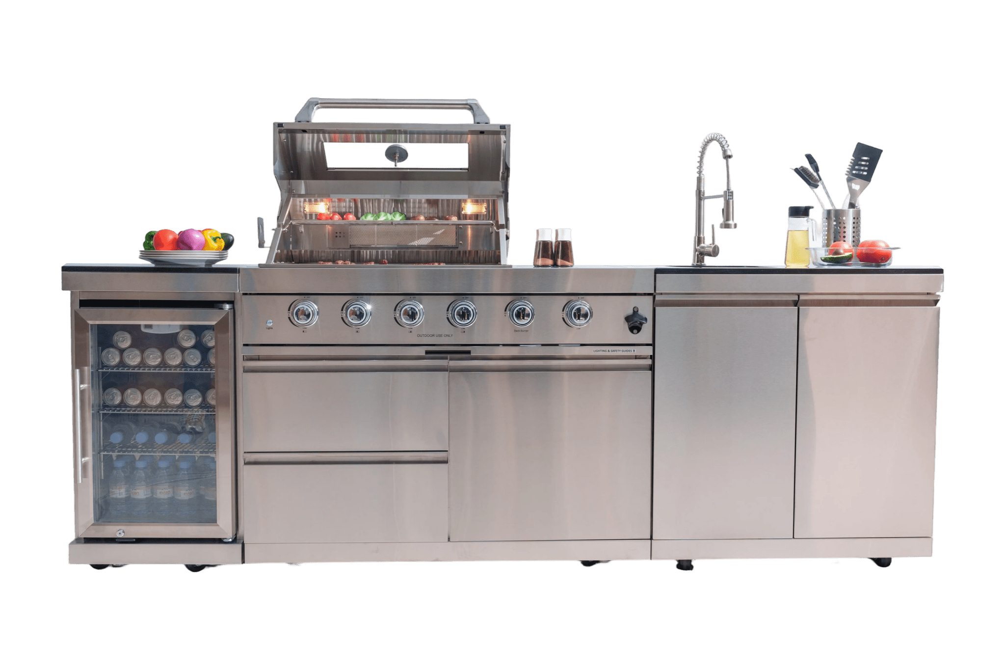 Anthony & Home stainless steel outdoor kitchen island with countertop, built-in appliances, and ample workspace.