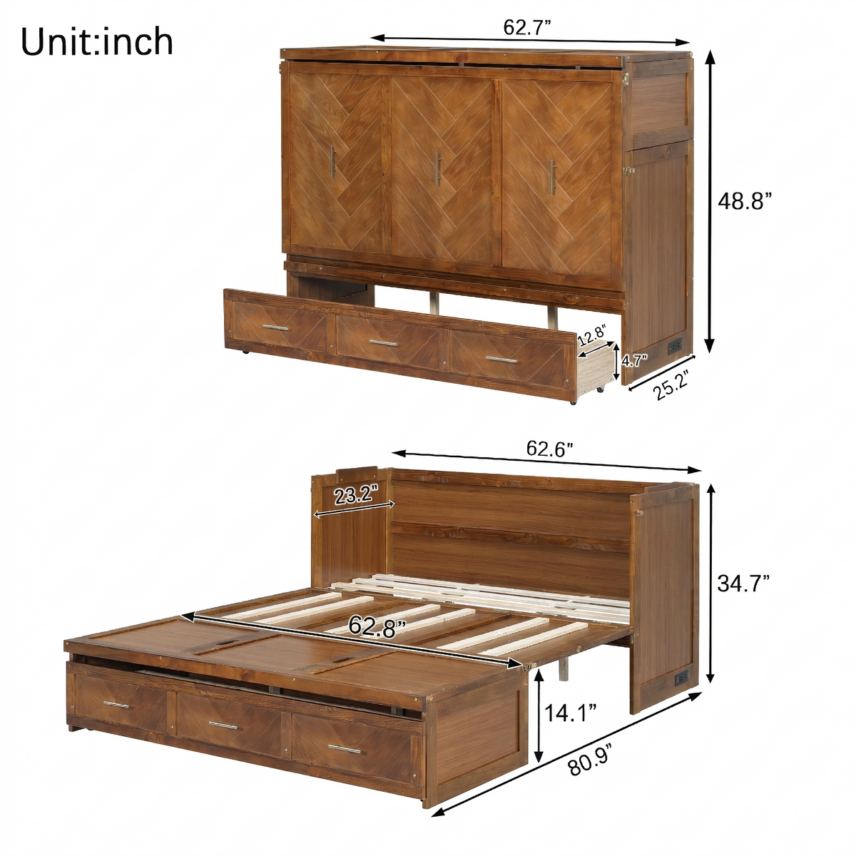 Queen size walnut Murphy bed with geometric panel, USB charging, from Anthony & Home Studio Collection, shown in a modern bedroom setting.