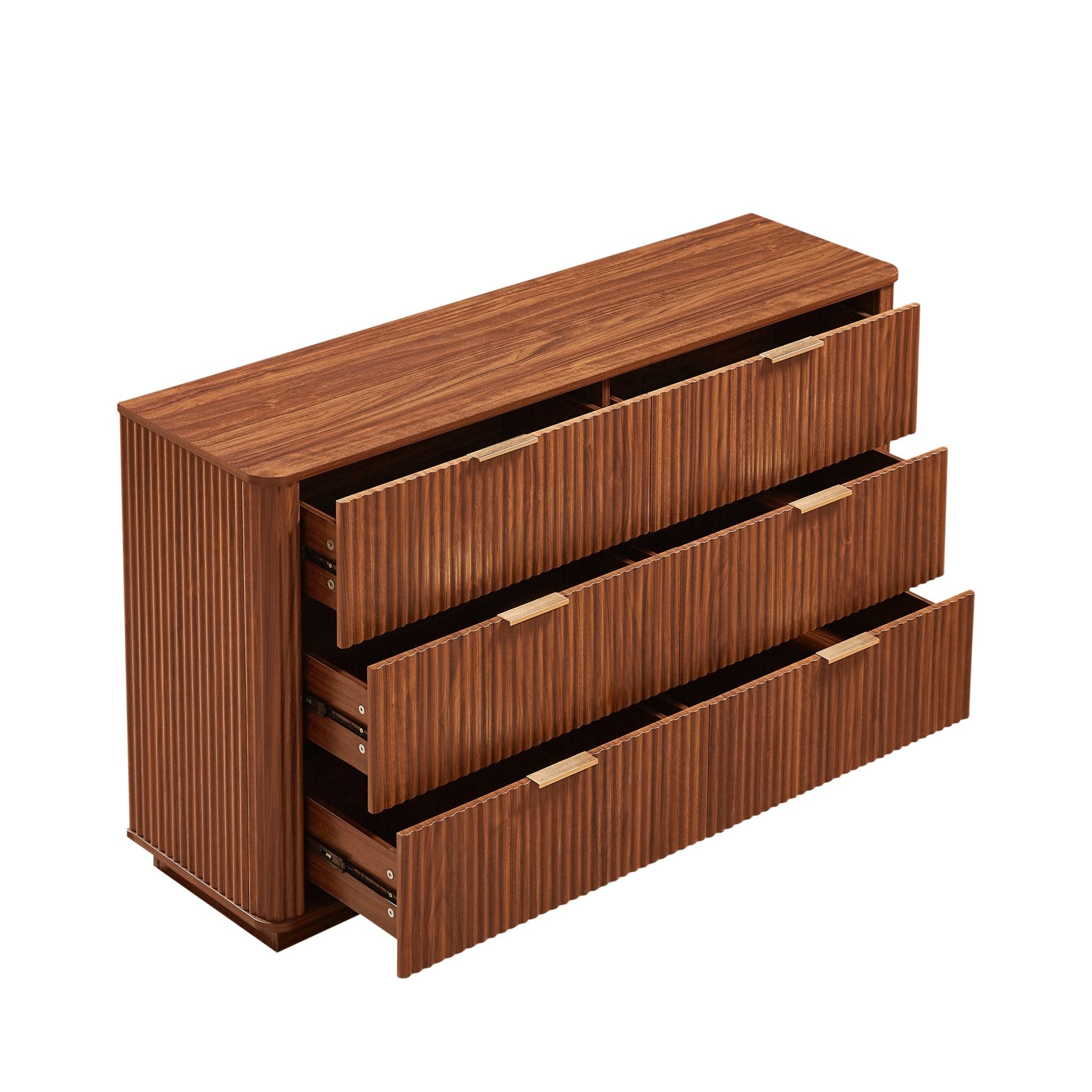 Walnut Wave Six-Drawer Dresser TV Stand by Anthony & Home with curved profile, 55-inch width, part of Studio Collection.