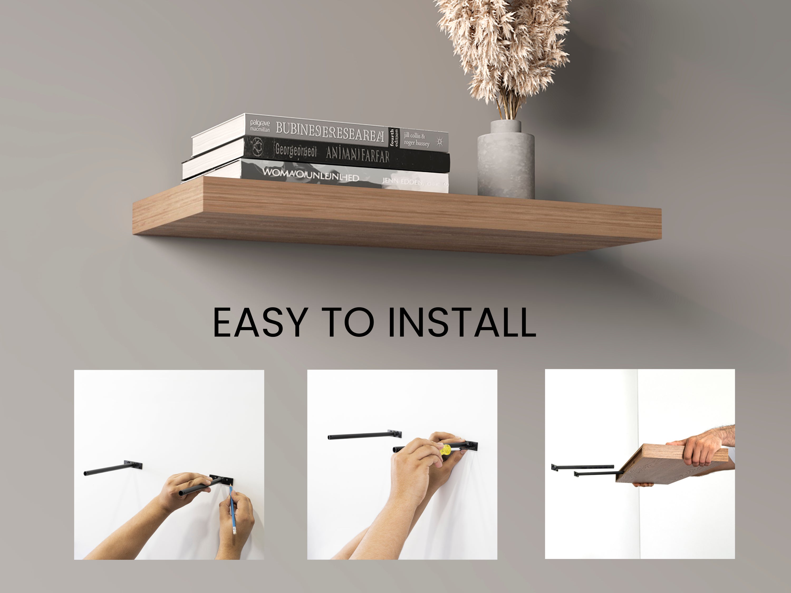 Pair of 31.5-inch walnut finish floating shelves from Anthony & Home, showcasing modern wall storage with sleek design.