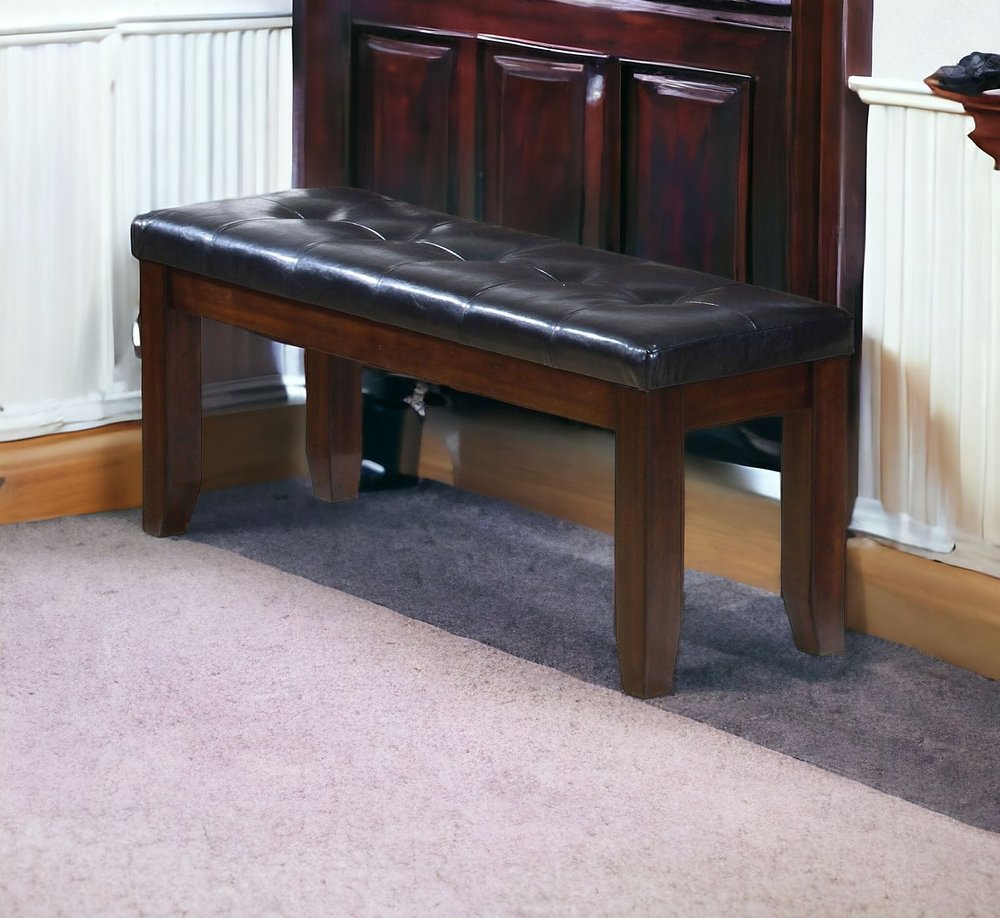 48" Black and Espresso Faux Leather and Wood Upholstered Bench