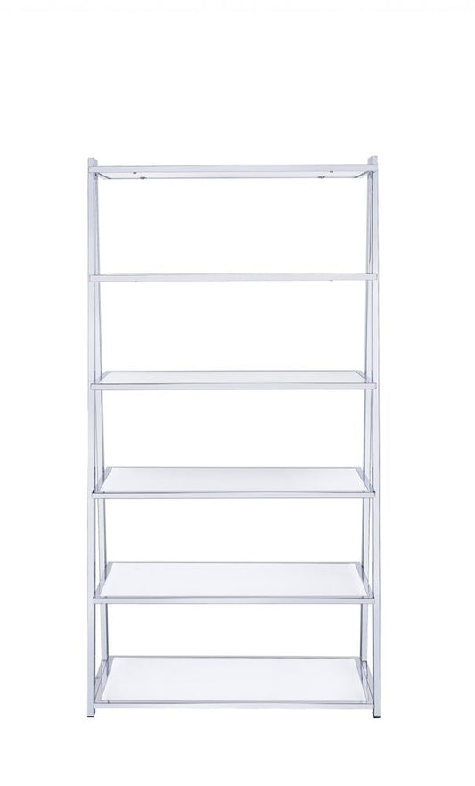 White And Silver Metal and Glass Five Tier Ladder Bookcase