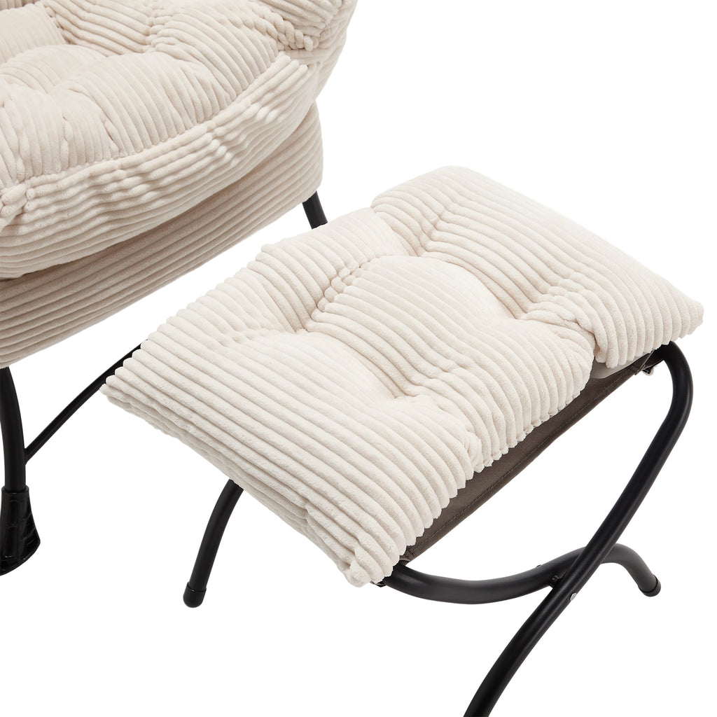 Ivory upholstered lounge chair with matching ottoman and side pocket, modern reading nook accent by Anthony & Home.