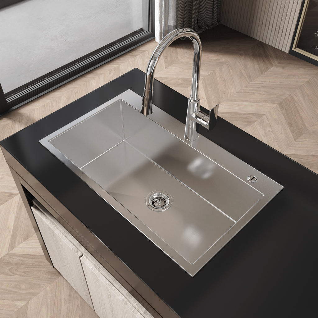 Brushed nickel overmount kitchen sink by Anthony & Home, showing the deep basin and smooth finish.