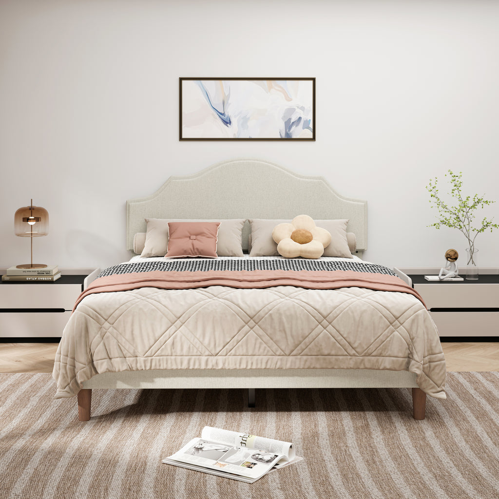 Linen Upholstered Queen Platform Bed Frame With Adjustable Headboard Beige Signature Collection Modern Minimalist Style