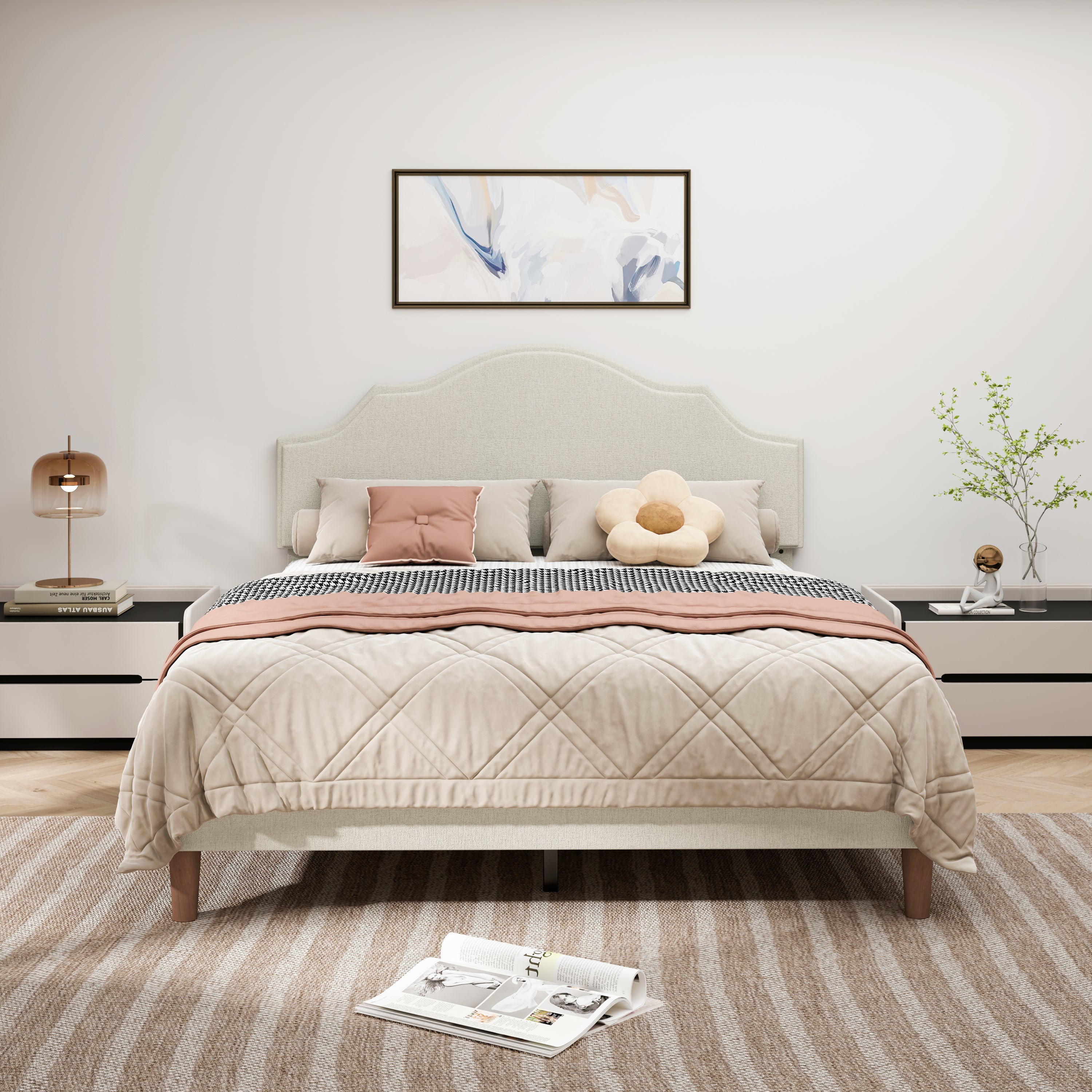Linen Upholstered Queen Platform Bed Frame With Adjustable Headboard Beige Signature Collection Modern Minimalist Style