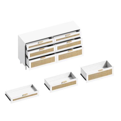 59 Inch Rattan Dresser With Six Drawers White Wood Legs