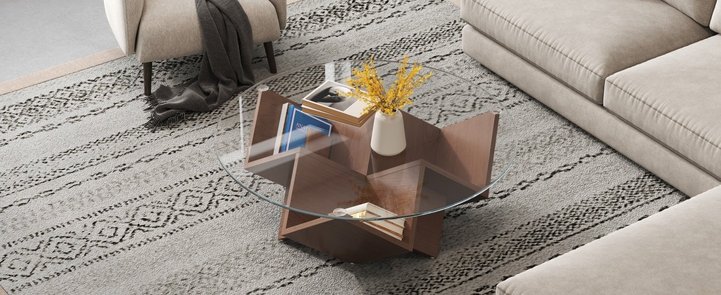 Round walnut coffee table with glass top and geometric Art Deco base by Anthony & Home from the Atelier Collection.