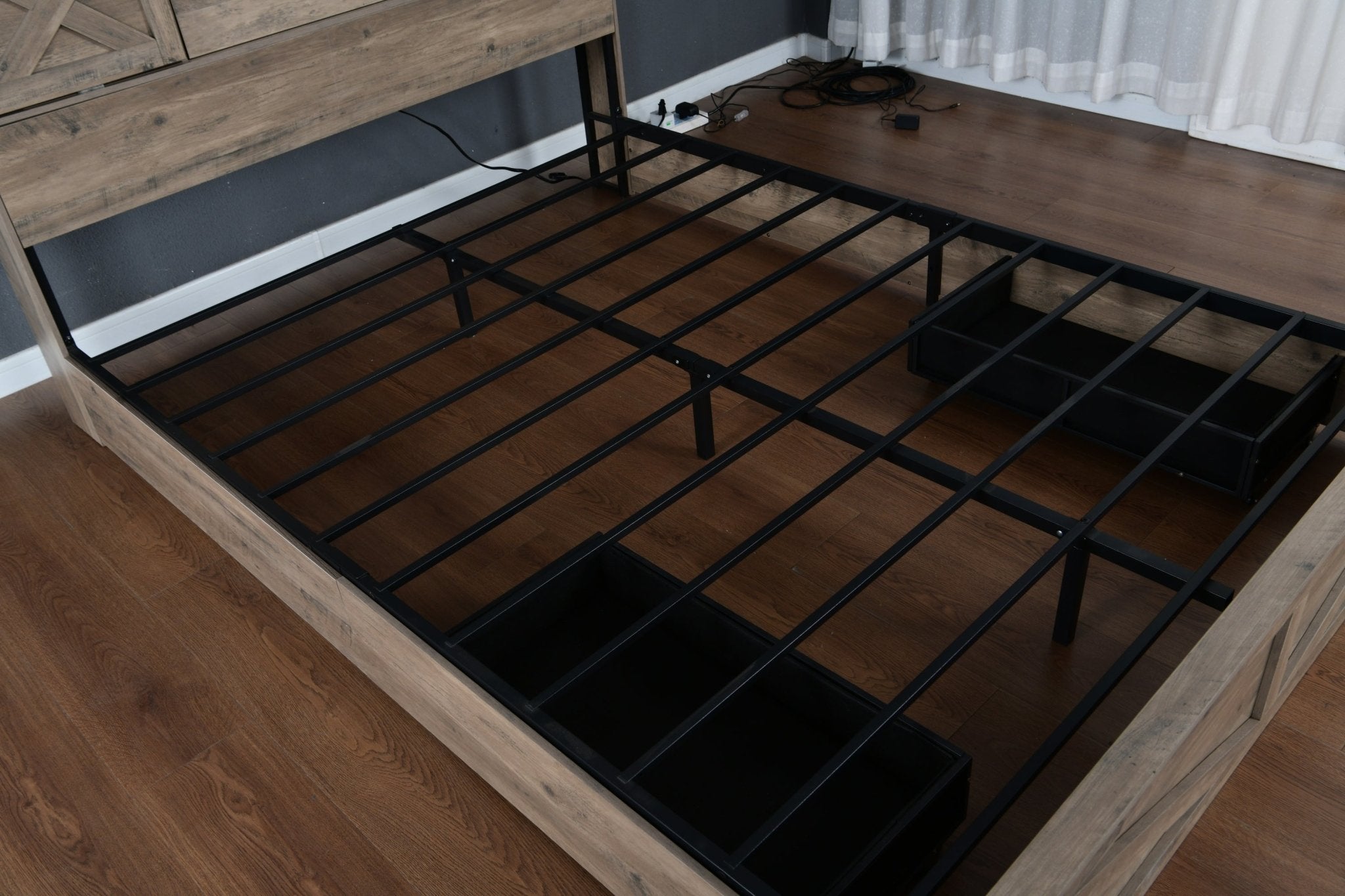 Anthony & Home farmhouse queen bed frame in grey rustic wood with LED lighting, charging station, and storage drawers.