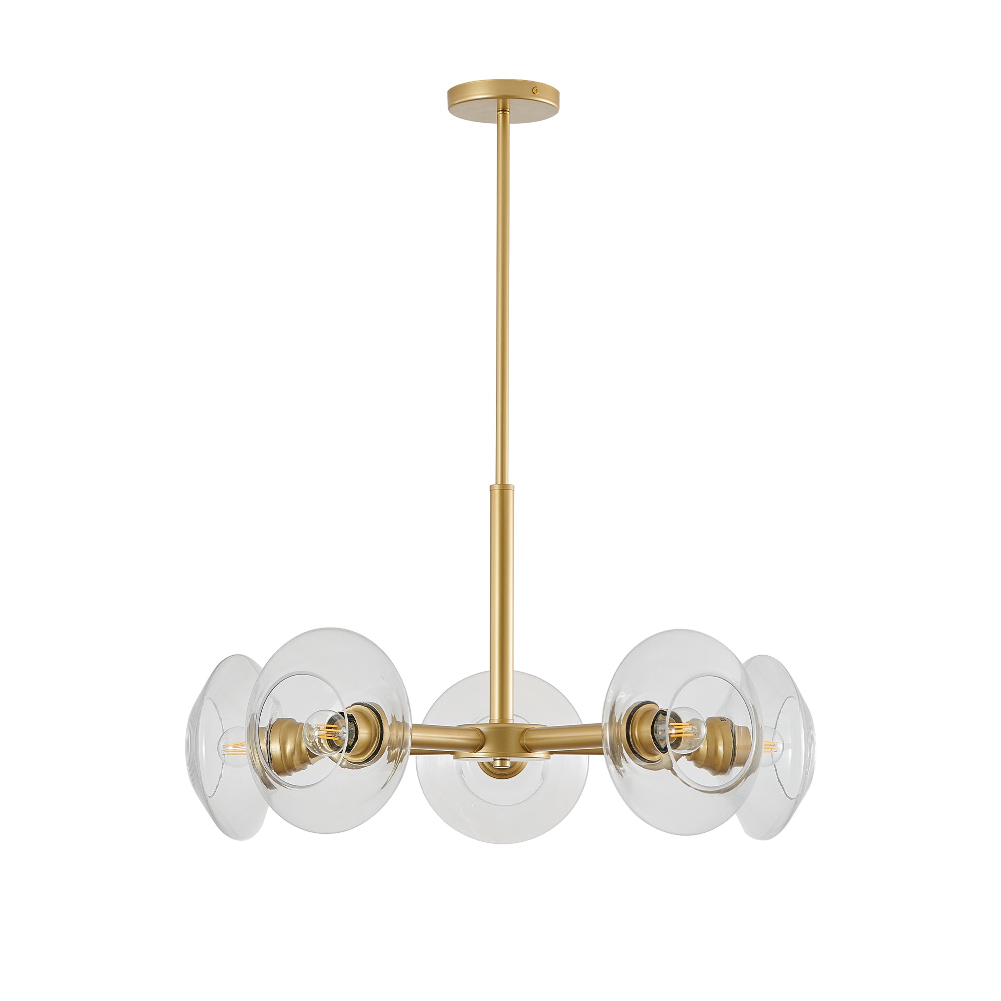 Gold iron Sputnik chandelier with five lights, contemporary Atelier style by Anthony & Home, hanging fixture with modern design.