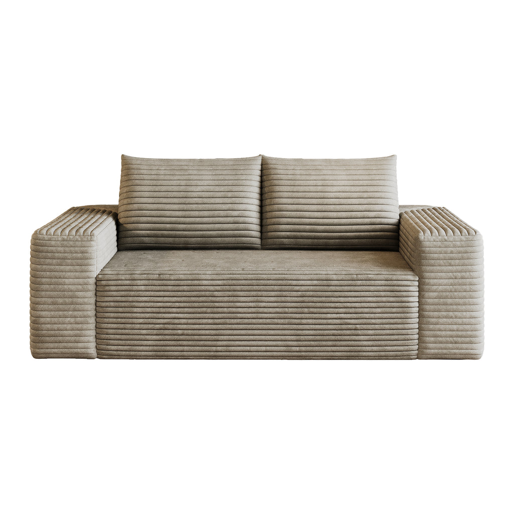 Anthony & Home Signature Corduroy Camel Two-Seater Sofa with plush fabric and stylish design, ideal for modern living rooms.