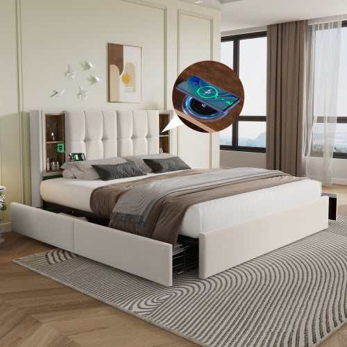 Beige Velvet Metal Bed Frame With USB C And Four Drawers