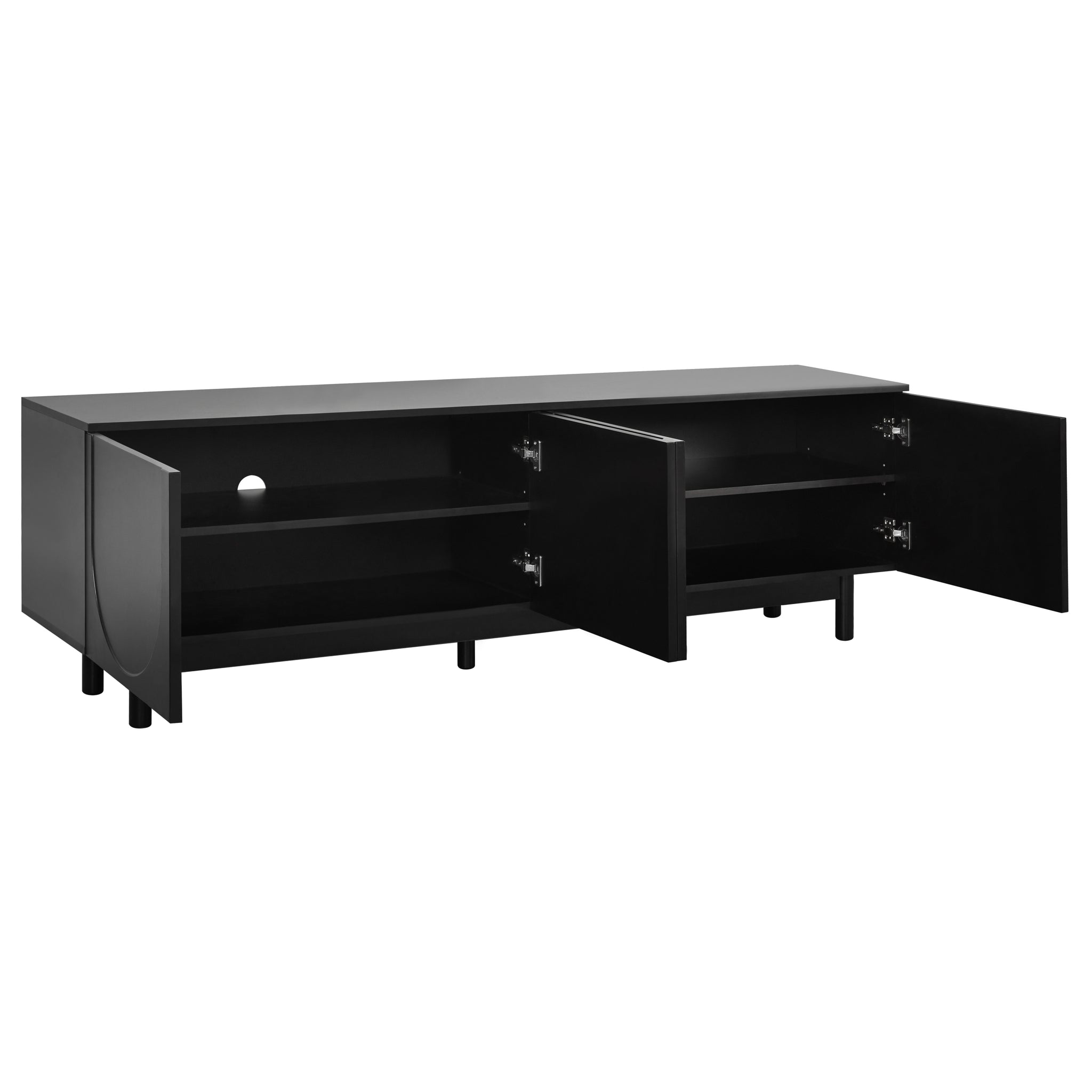 Anthony & Home Arch-Cabinet TV stand with solid wood legs, designed for up to 78-inch TVs, in a modern studio style.