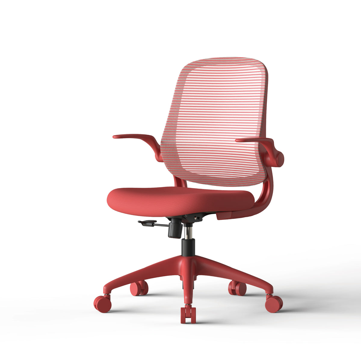 Red Anthony & Home ergonomic mesh office chair with molded foam cushion from the Atelier Collection, featuring adjustable height and lumbar support.