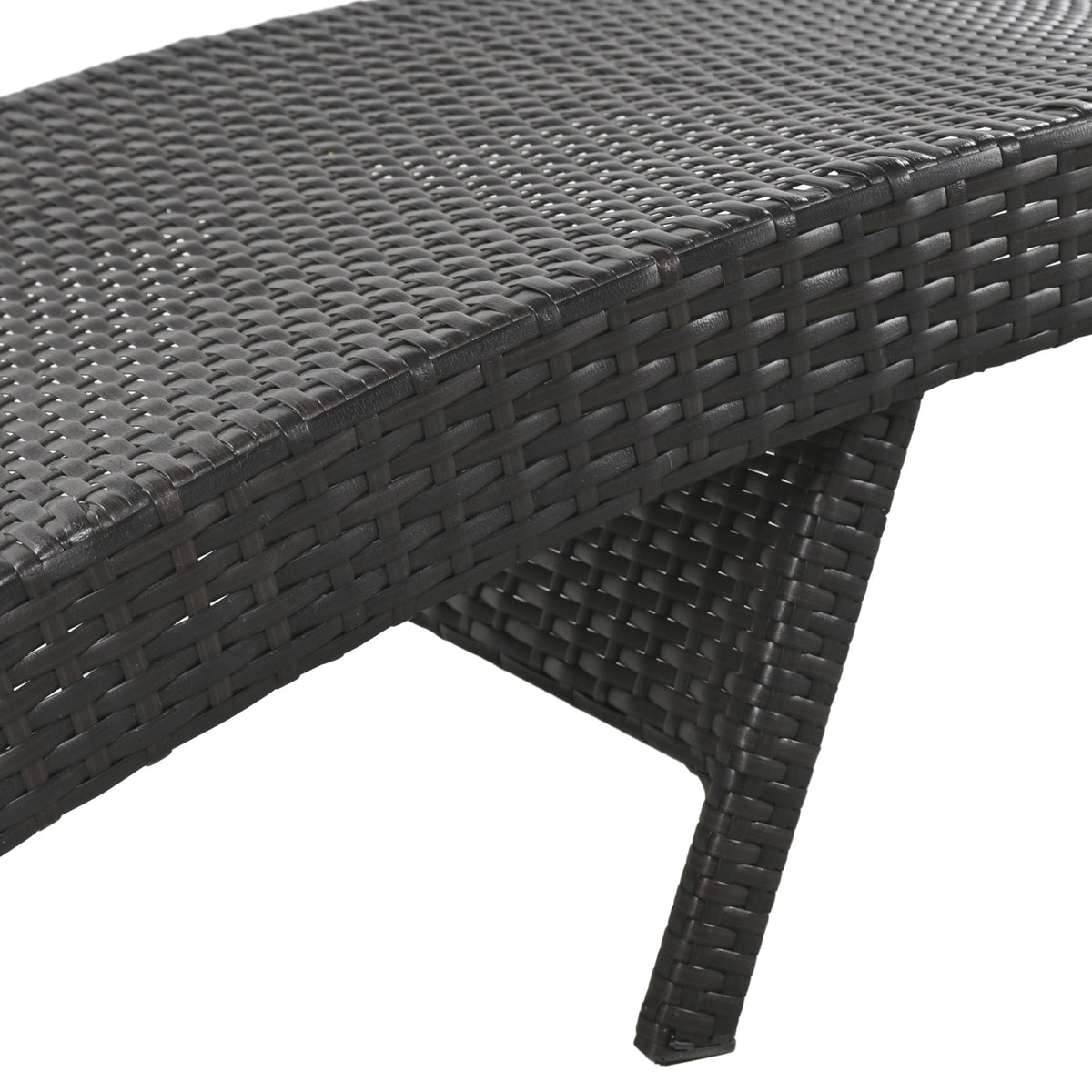 Anthony & Home outdoor wicker chaise lounges set with pull-out side table, dark brown, adjustable backrest, and comfortable cushions.