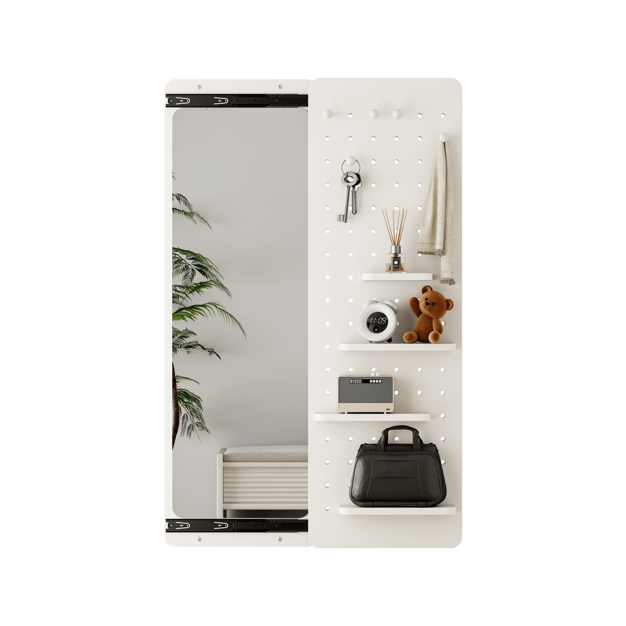 Wall-mounted full-length mirror with shelf and hook in white rubber wood finish by Anthony & Home, showcasing modern design and natural wood texture.