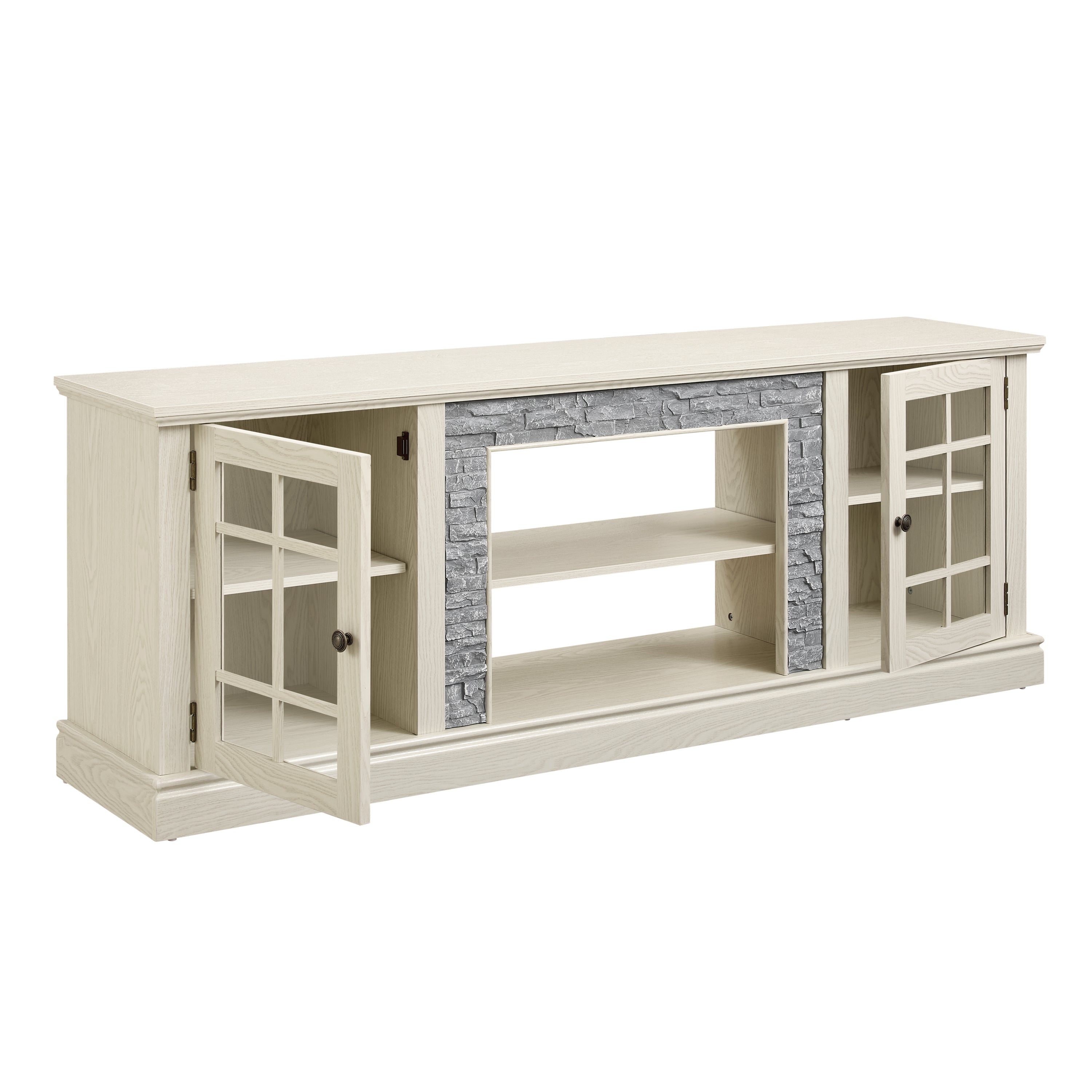 Anthony & Home Atelier white faux stone 70-inch TV stand with 2 doors, modern furniture for living room entertainment.