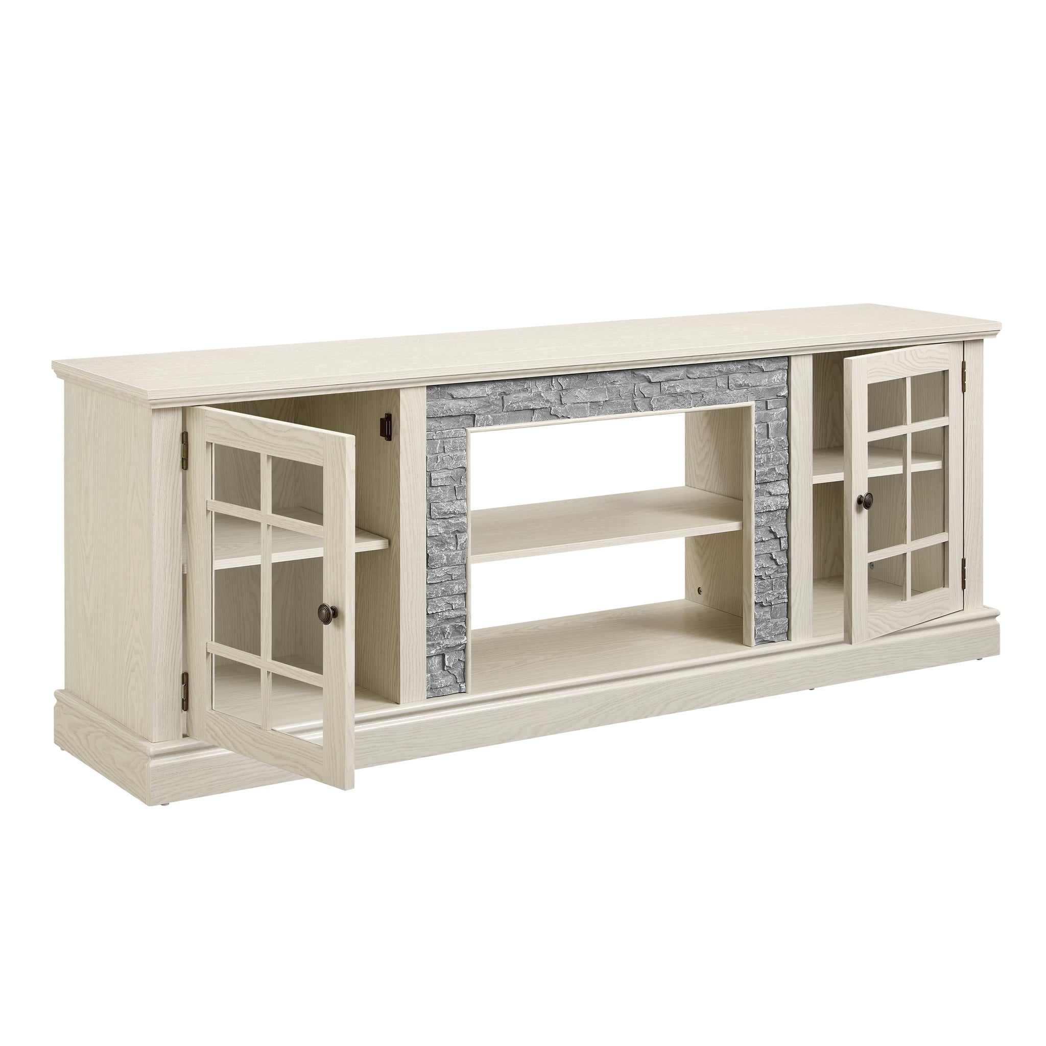 Anthony & Home Atelier white faux stone 70-inch TV stand with 2 doors, modern furniture for living room entertainment.