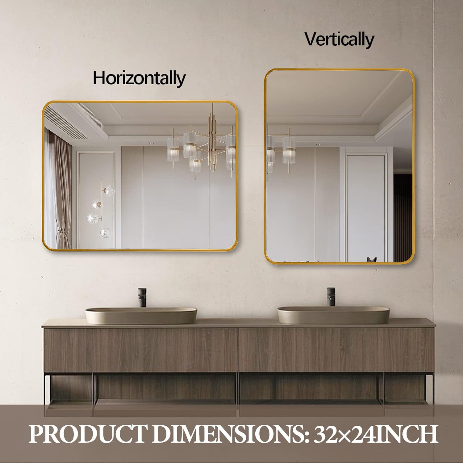Rectangular gold metal frame bathroom mirror, 24x32 inches, wall-mounted, from Anthony & Home's exclusive collection