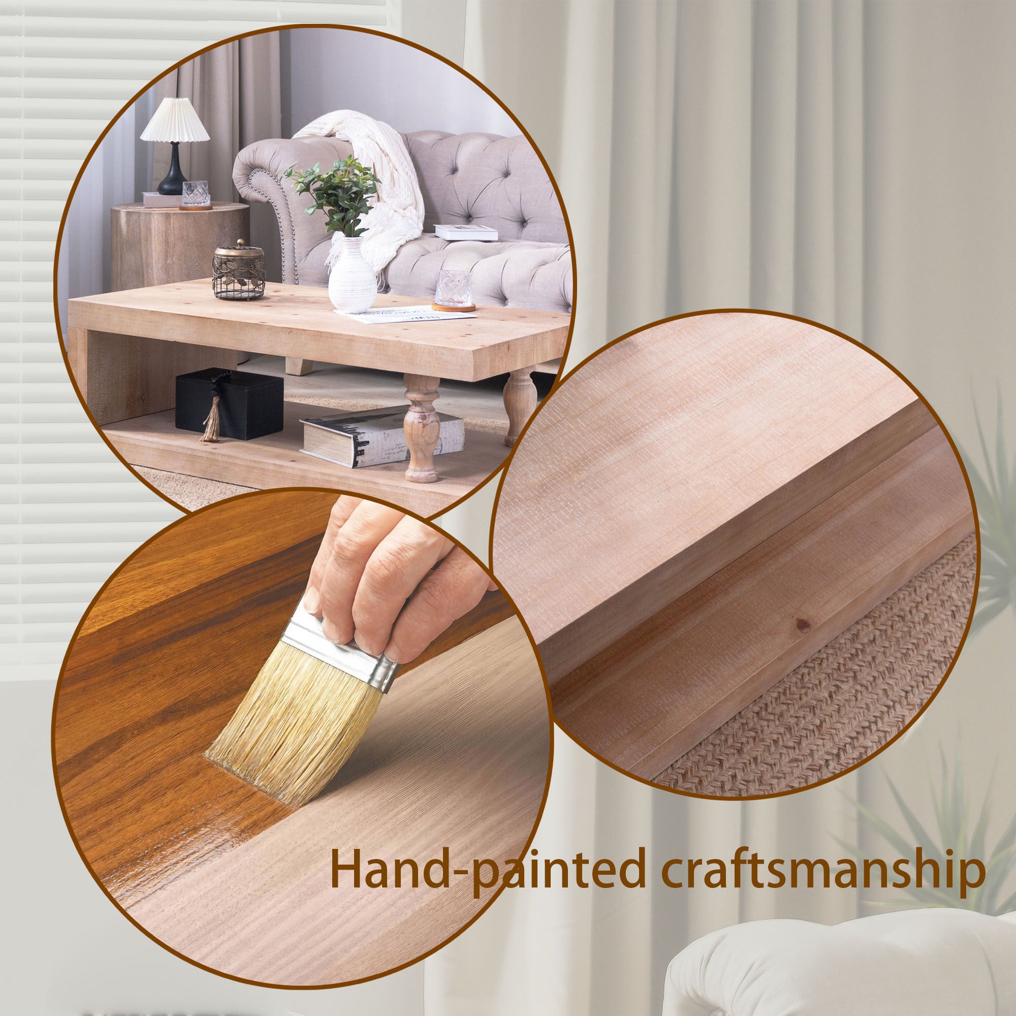 Solid wood coffee table by Anthony & Home with light natural finish and open shelf, modern farmhouse style.