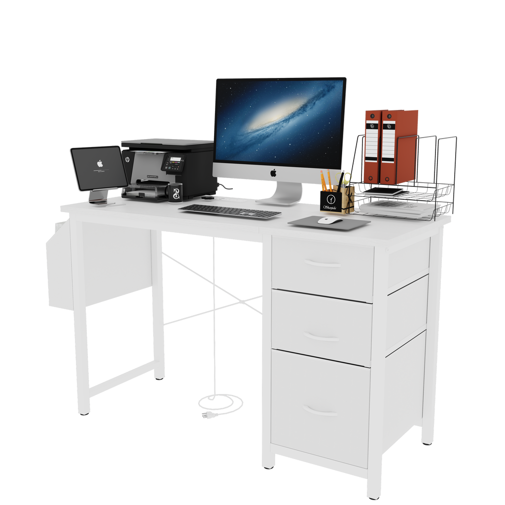 Anthony & Home studio white lacquer office desk with 3 drawers, power outlet, reversible frame, and easy assembly.