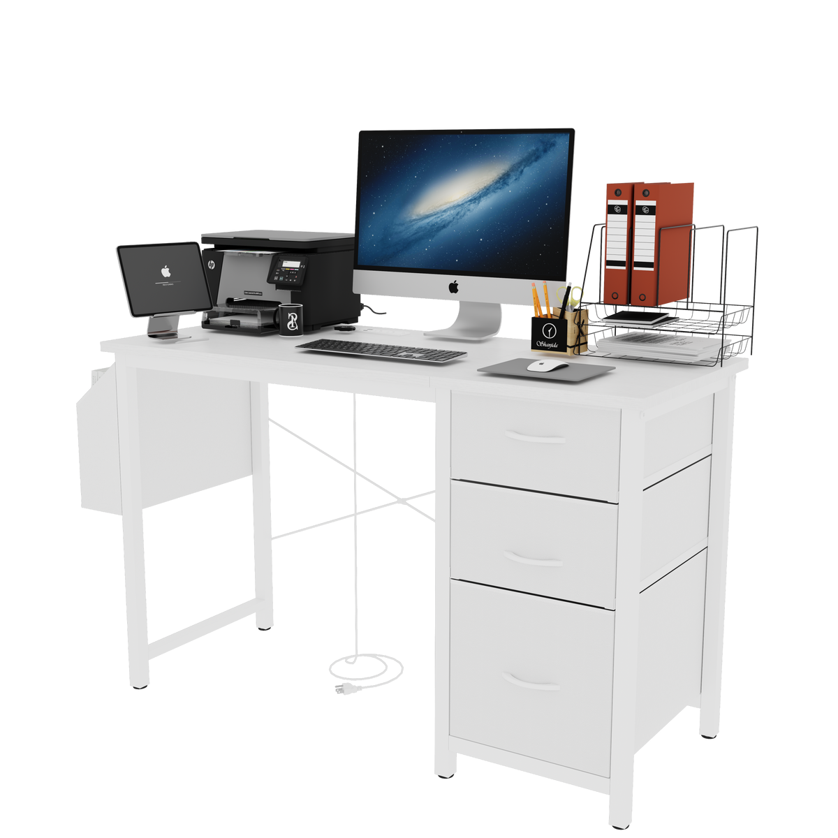 Anthony & Home studio white lacquer office desk with 3 drawers, power outlet, reversible frame, and easy assembly.