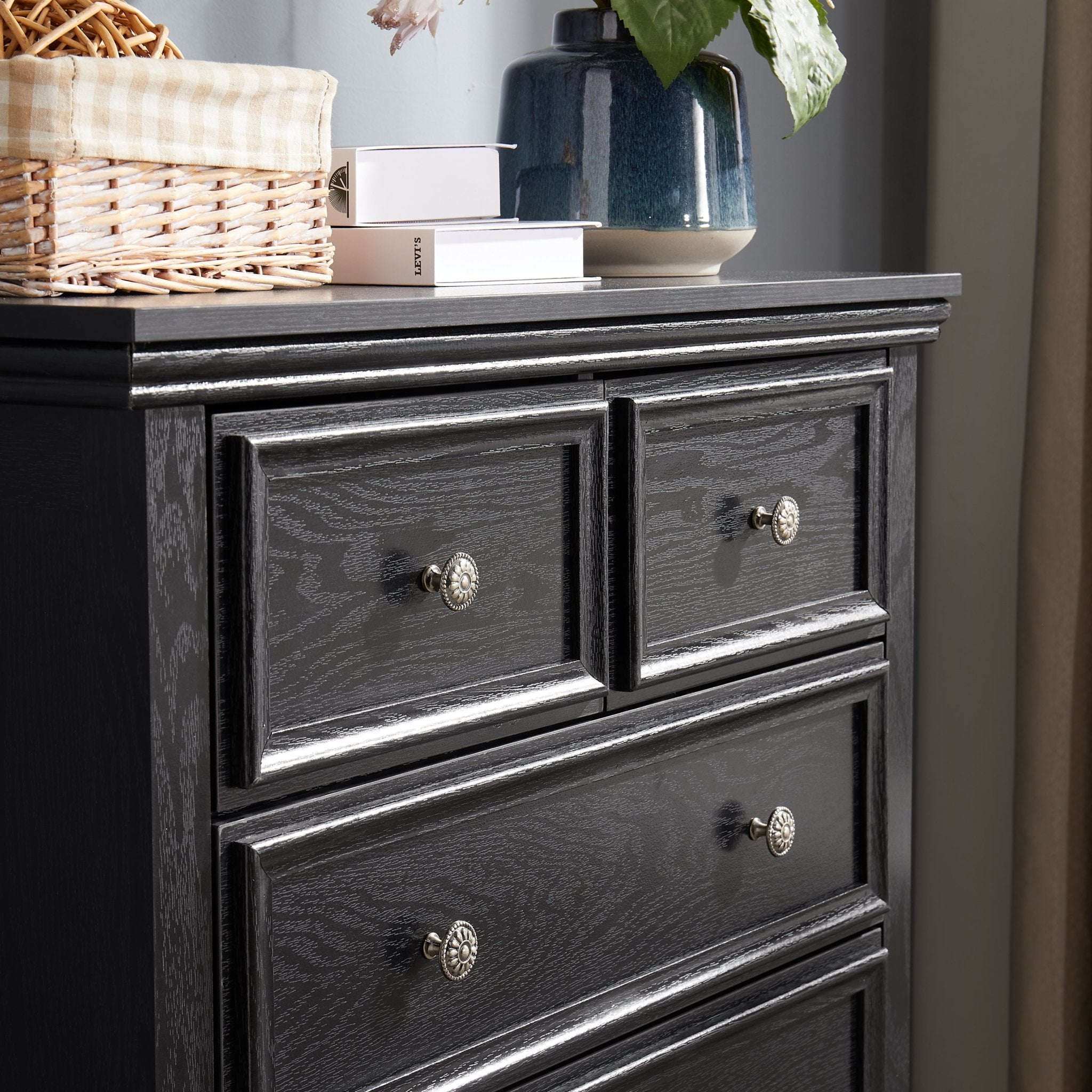 Black MDF veneer six-drawer dresser from Anthony & Home's Modern Farmhouse Studio Collection with timeless craftsmanship.