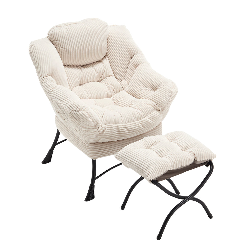 Ivory upholstered lounge chair with matching ottoman and side pocket, modern reading nook accent by Anthony & Home.