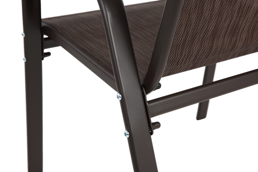 Set of 6 Anthony & Home Textilene patio chairs with high backs in brown, arranged outdoors on a patio.