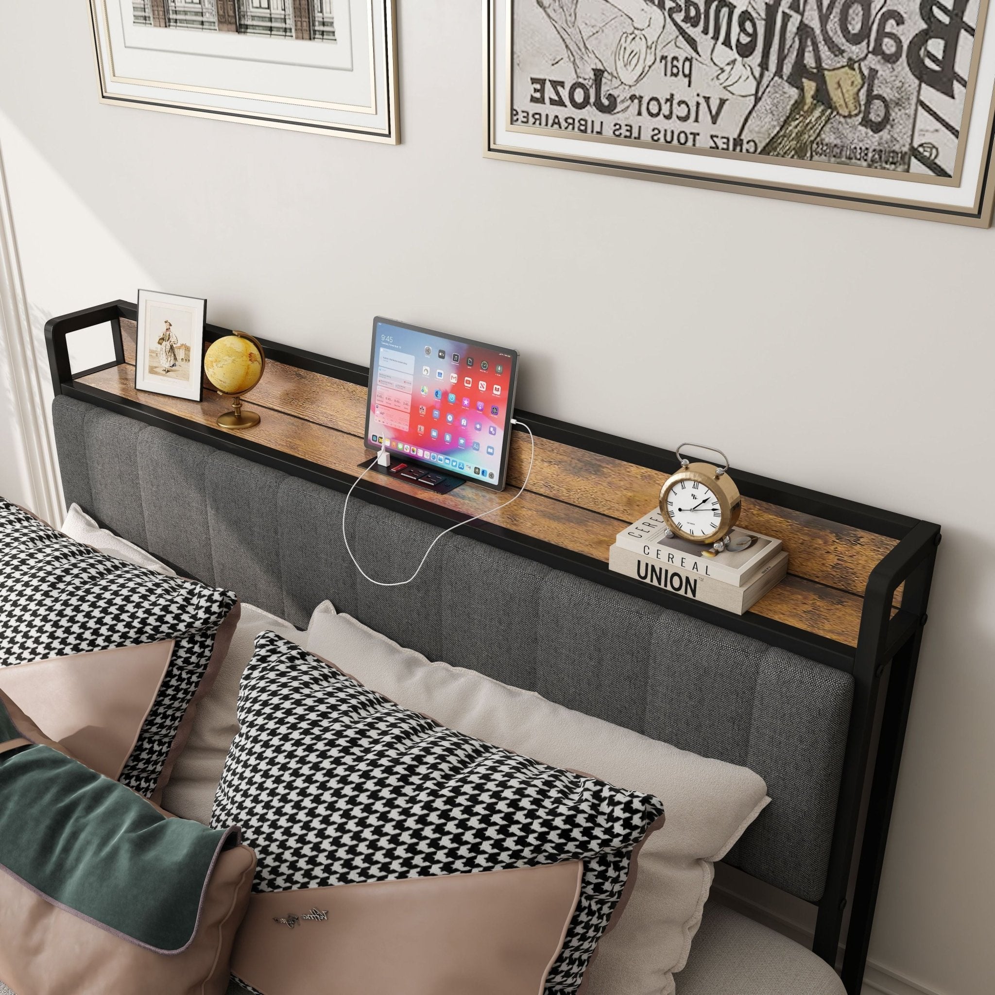 Queen size bed frame with charcoal linen headboard and built-in charging station by Anthony & Home.