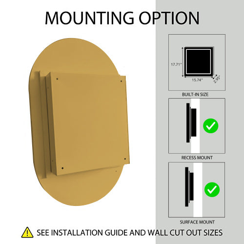 20x34 Oval Recessed Medicine Cabinet Metal Framed Matte Gold