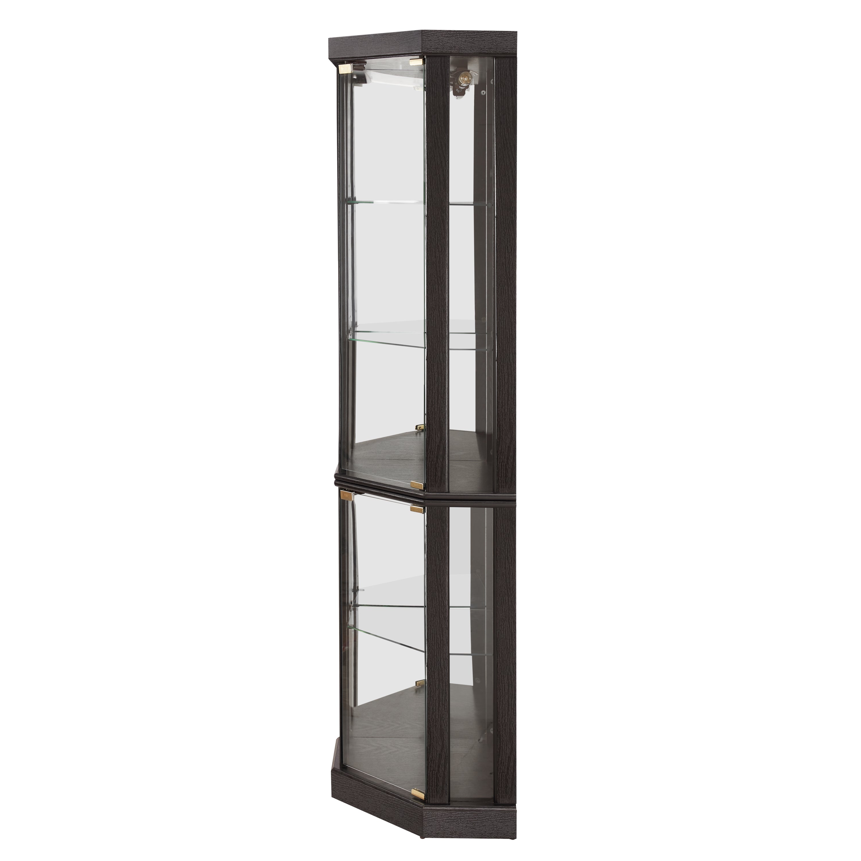 Anthony & Home Heritage lighted corner curio cabinet with glass display shelves for antiques and wine collection.