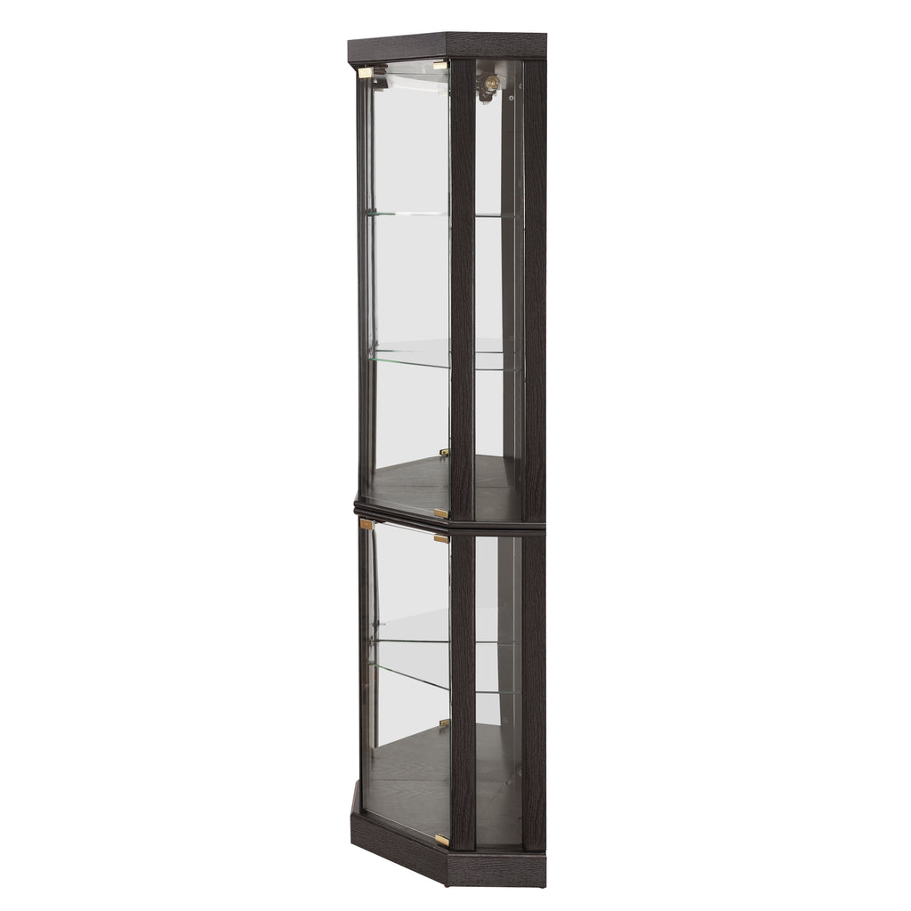 Anthony & Home Heritage lighted corner curio cabinet with glass display shelves for antiques and wine collection.