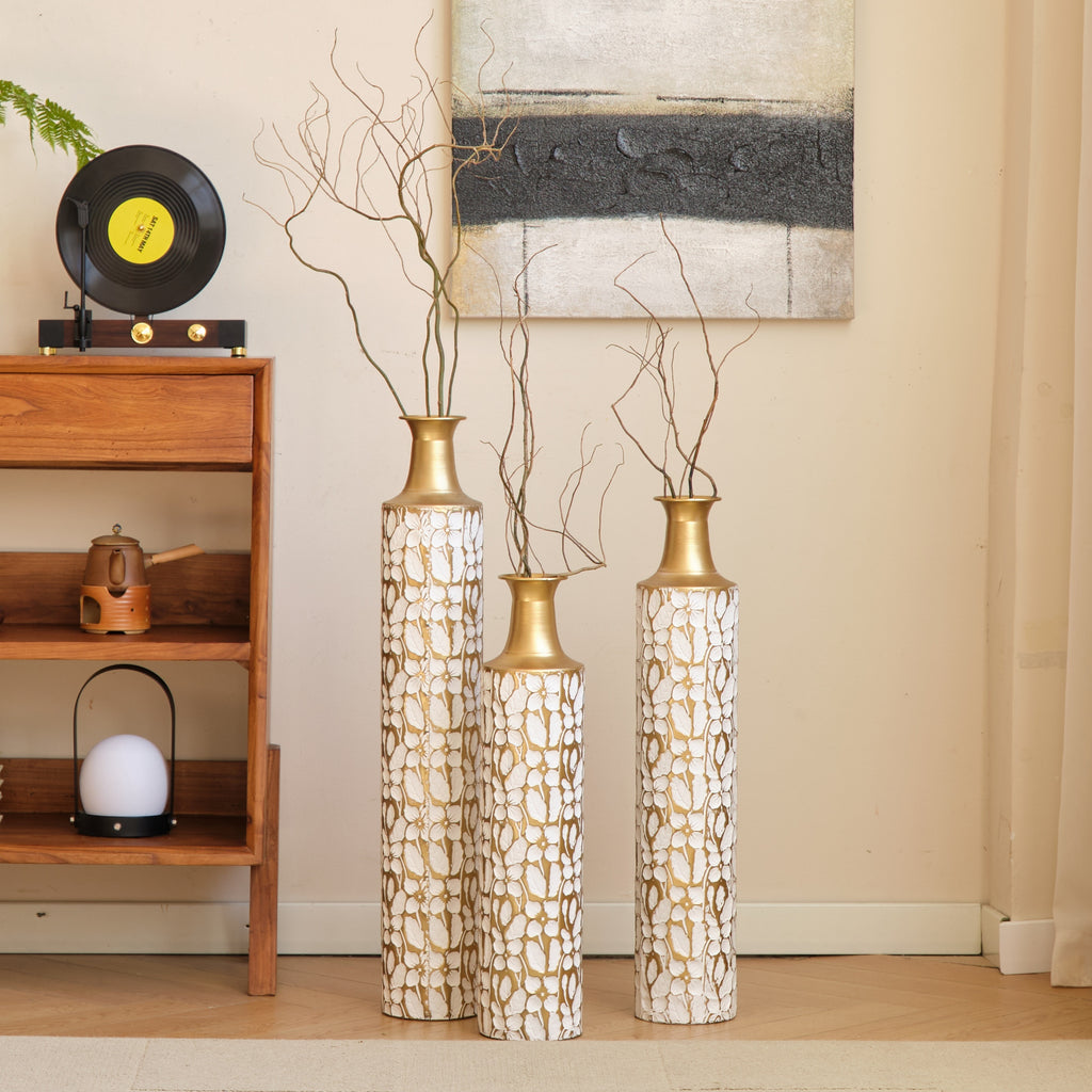Heritage Collection Floor Vase Trio by Anthony & Home, featuring three elegant ceramic vases with intricate patterns and a glossy finish.