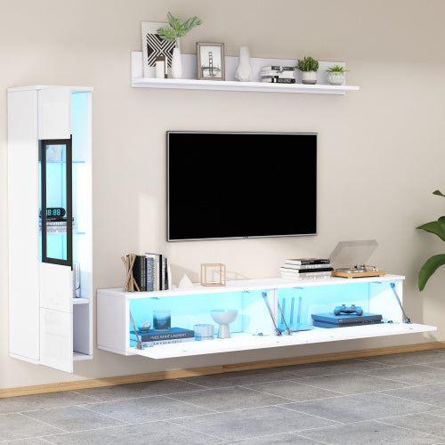 White TV Wall Unit Set Of 3 With LED TV Stand High Gloss