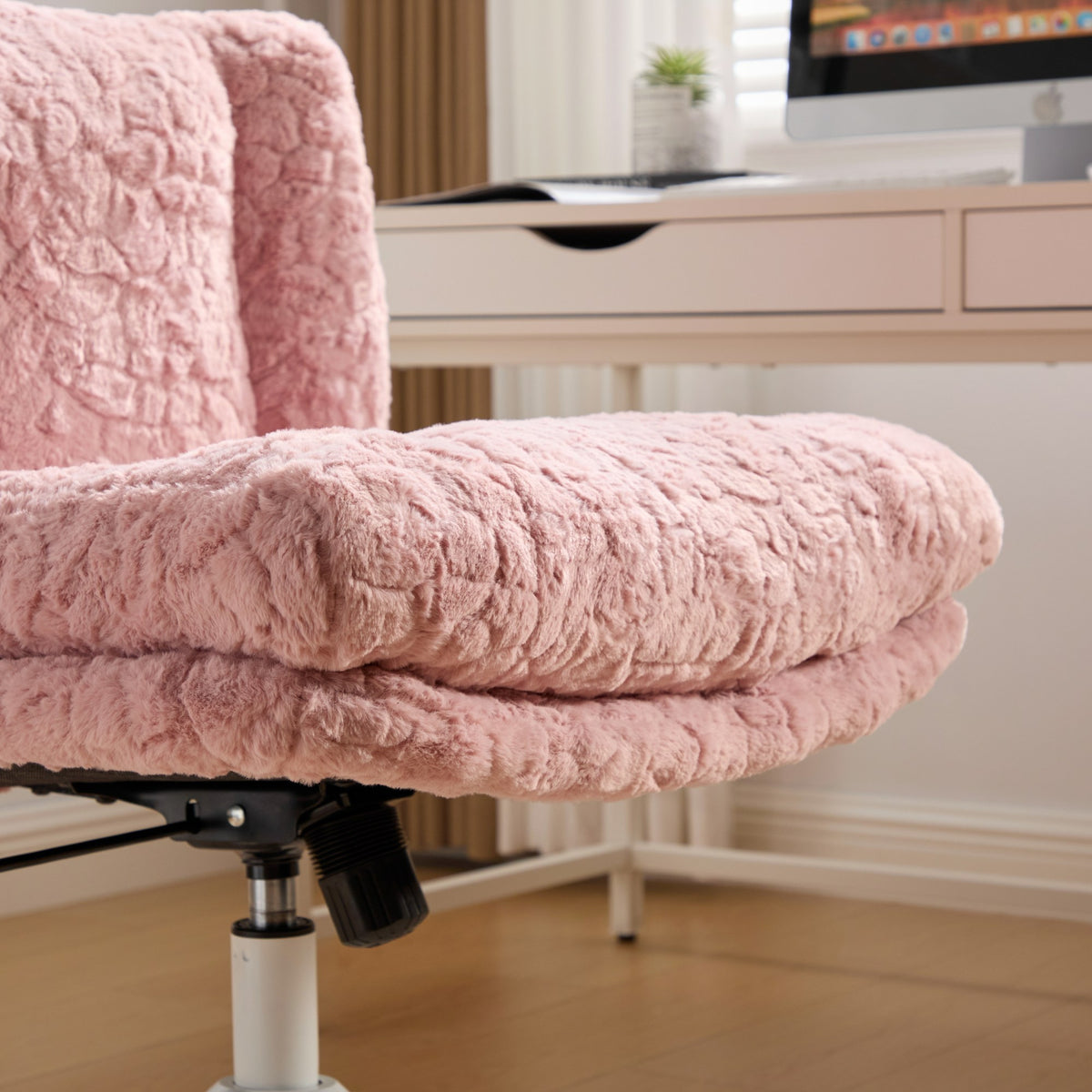 Anthony & Home Studio Pink faux rabbit hair office chair with wide 26.4-inch seat and metal base, modern and stylish for office decor.