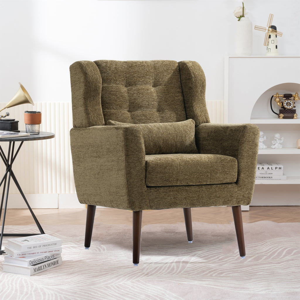 Olive green chenille accent chair with solid wood legs, stylish and comfortable for living room decor.