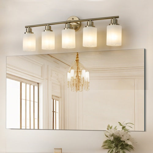 Five Light Gold Wall Mount Vanity Light With Frosted Shade