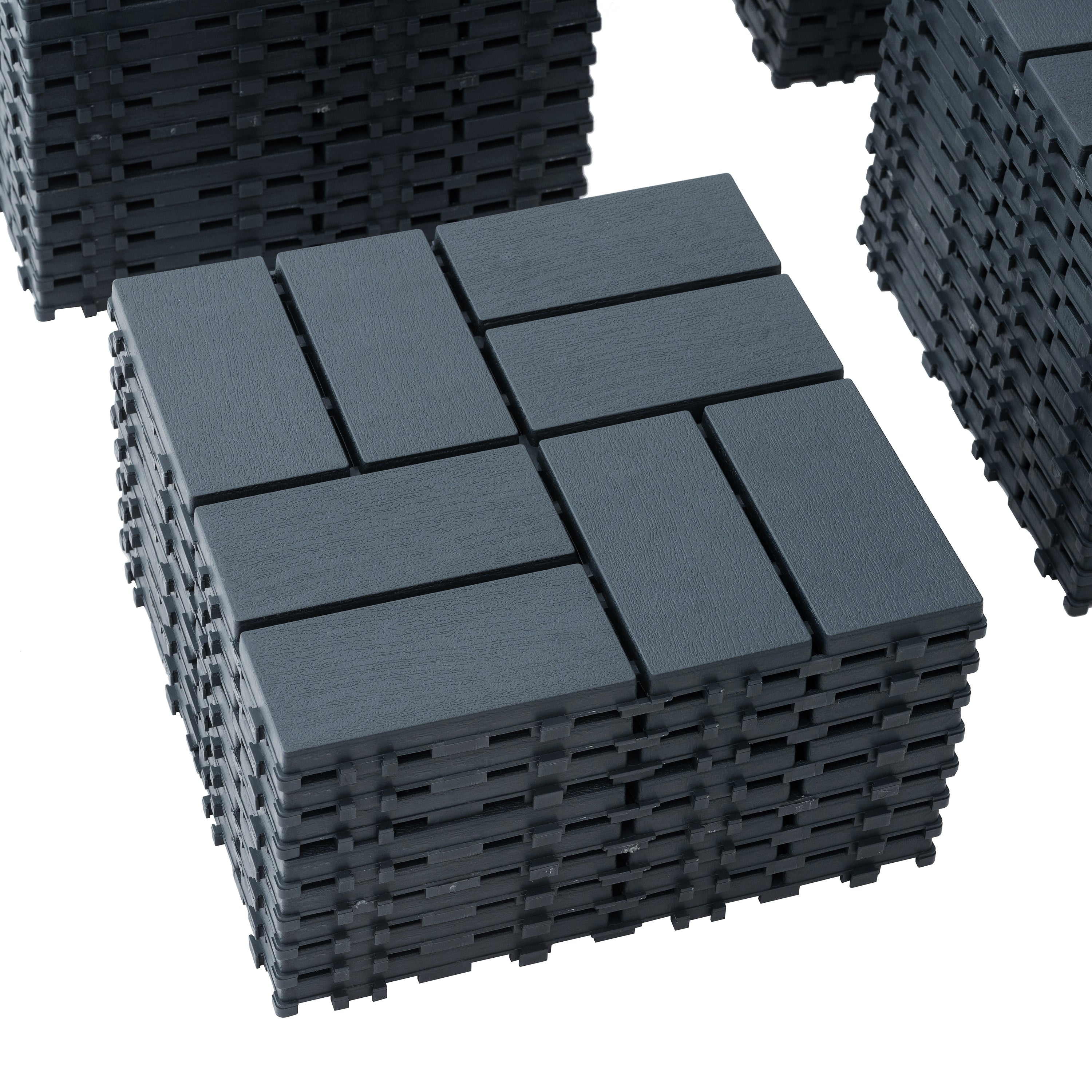 Grey polypropylene interlocking deck tiles in a 44-pack, each 12x12 inches, perfect for outdoor patios and decks.