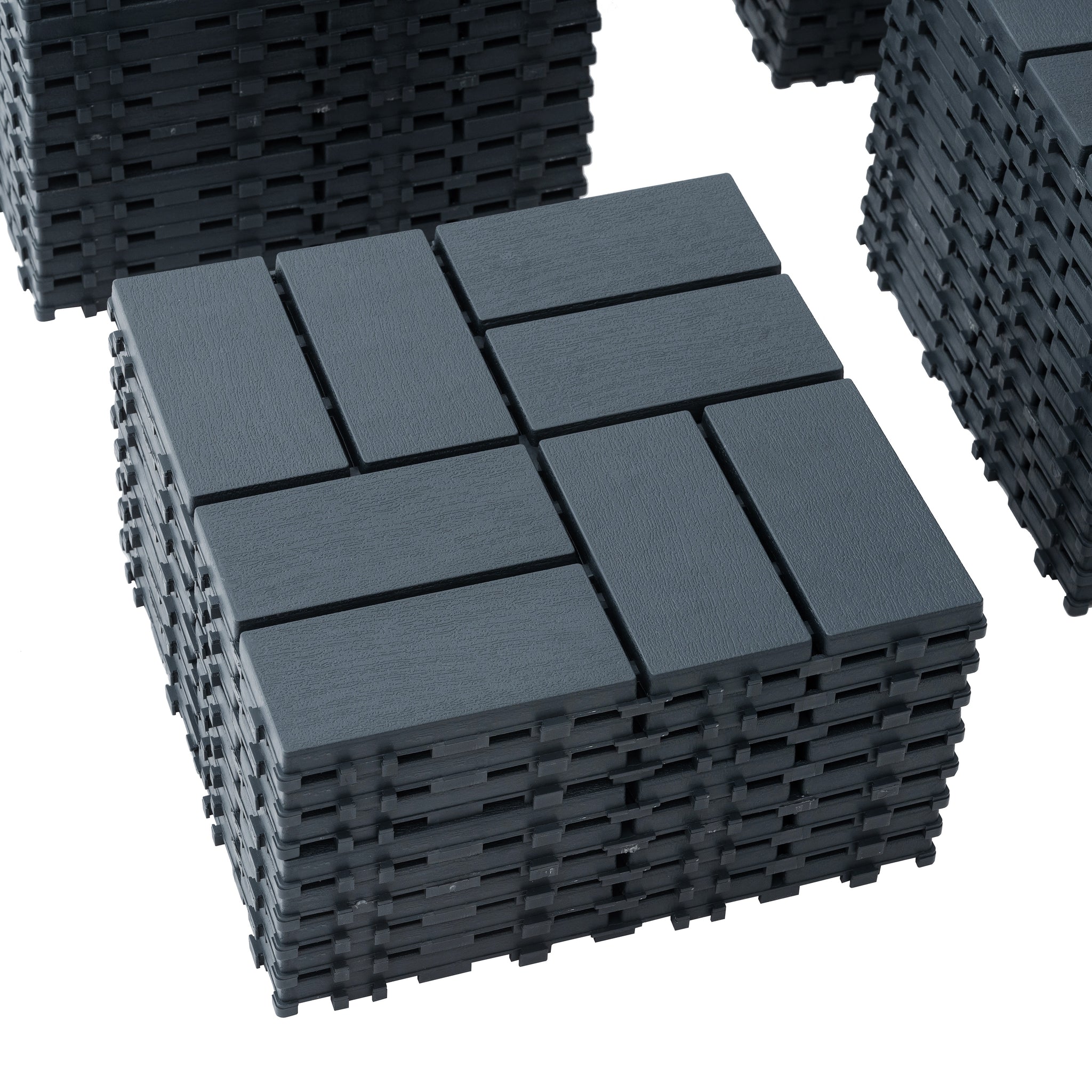 Grey polypropylene interlocking deck tiles in a 44-pack, each 12x12 inches, perfect for outdoor patios and decks.