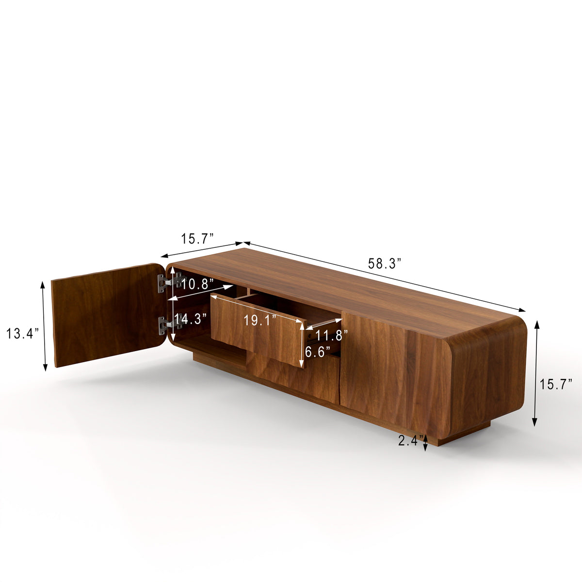Anthony & Home 58-inch walnut TV console with spiral wave design, storage cabinet, and two drawers for modern living rooms.