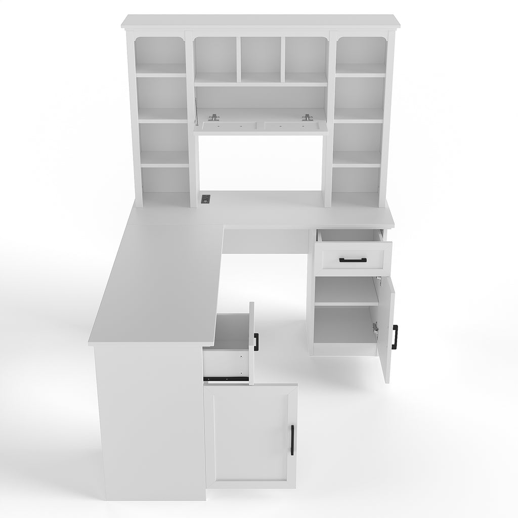 White matte finish L-shaped desk with cabinets and shelving from Anthony & Home Signature Collection, featuring ample workspace and storage.