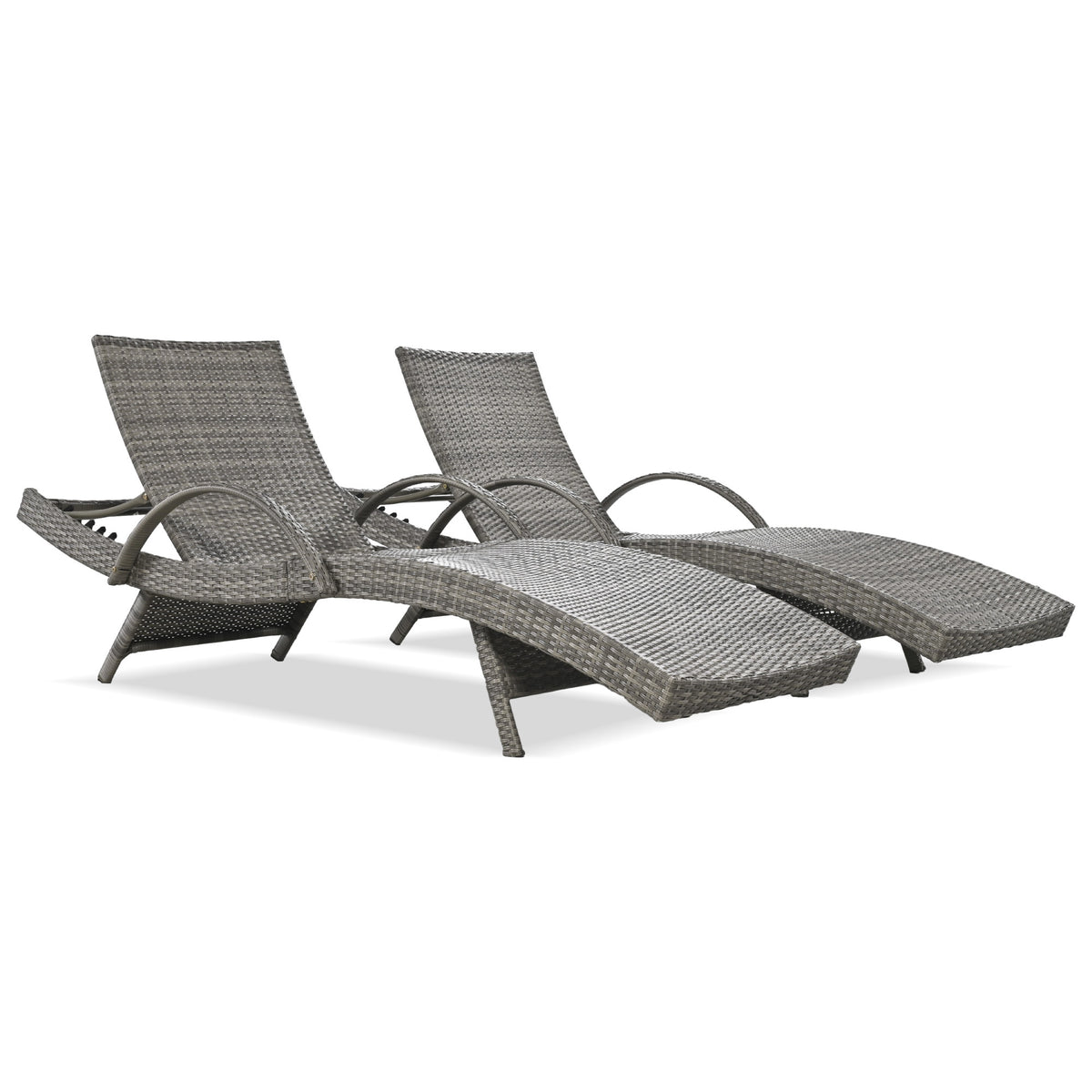 Outdoor wicker chaise lounge set with ergonomic wave design in grey by Anthony & Home, featuring two stylish, comfortable lounge chairs.
