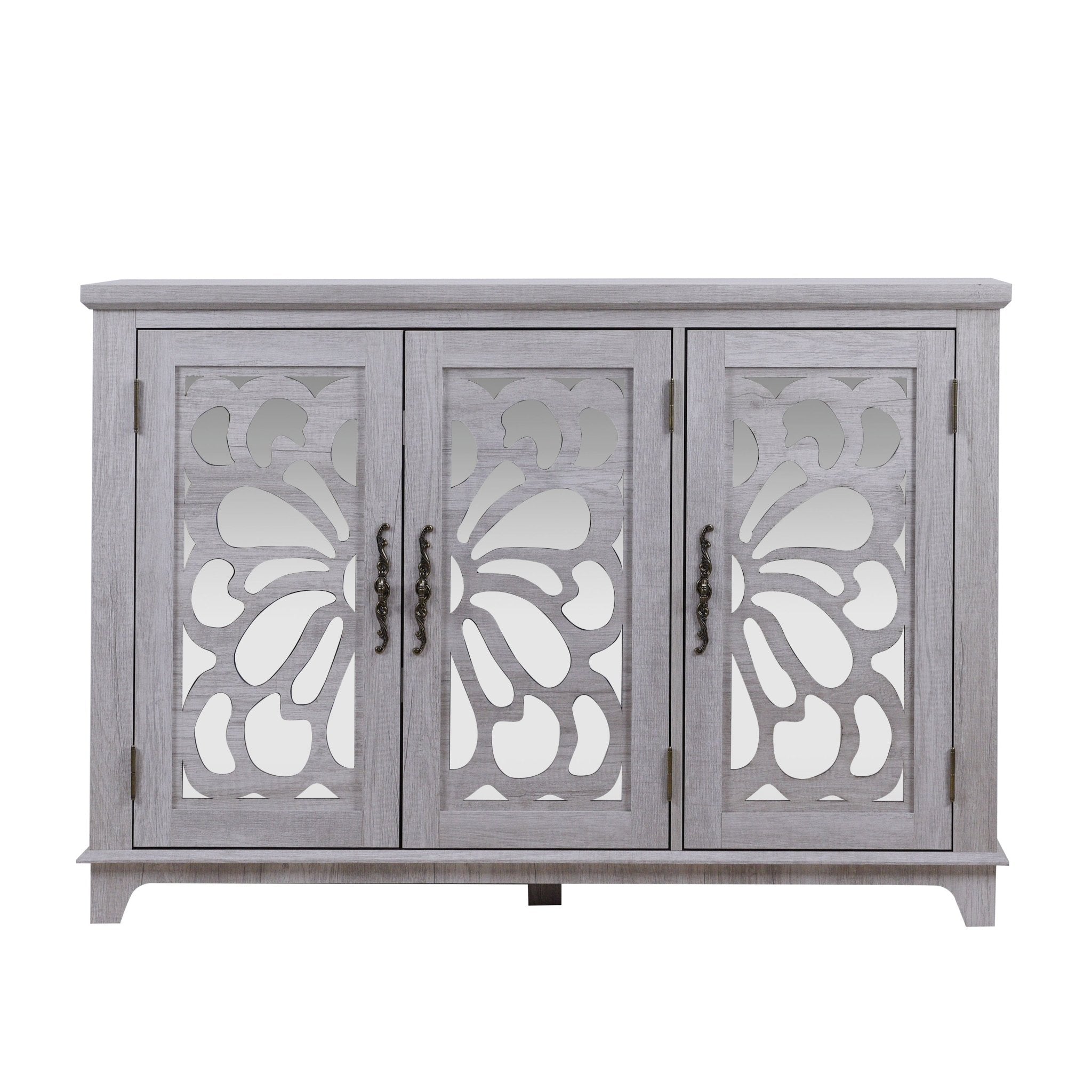 Anthony & Home mirrored sideboard with adjustable shelves, featuring sleek modern design and reflective surface for stylish storage.