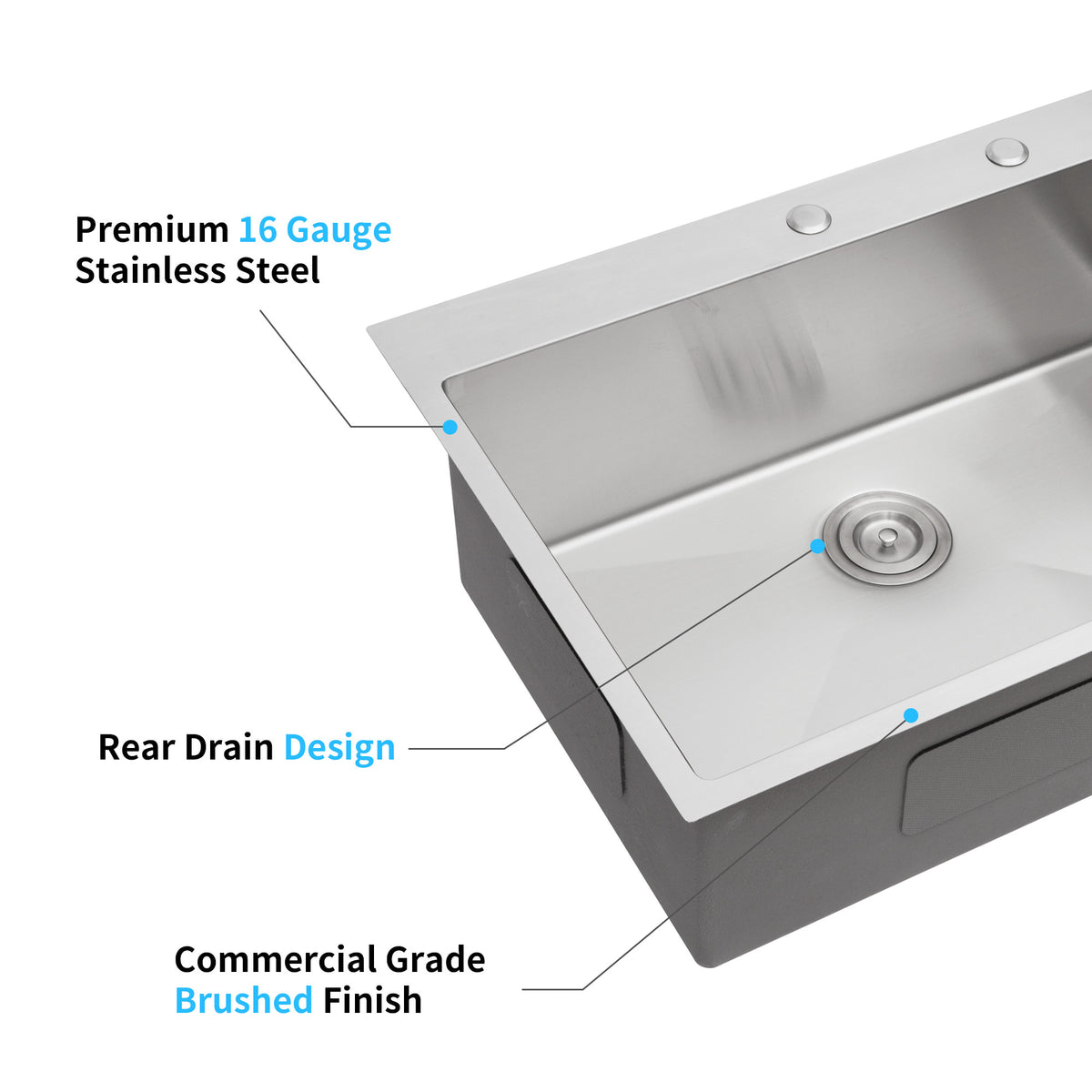 Drop-in stainless steel kitchen sink with single bowl by Anthony & Home, showing a modern, durable sink with smooth edges and reflective surface.