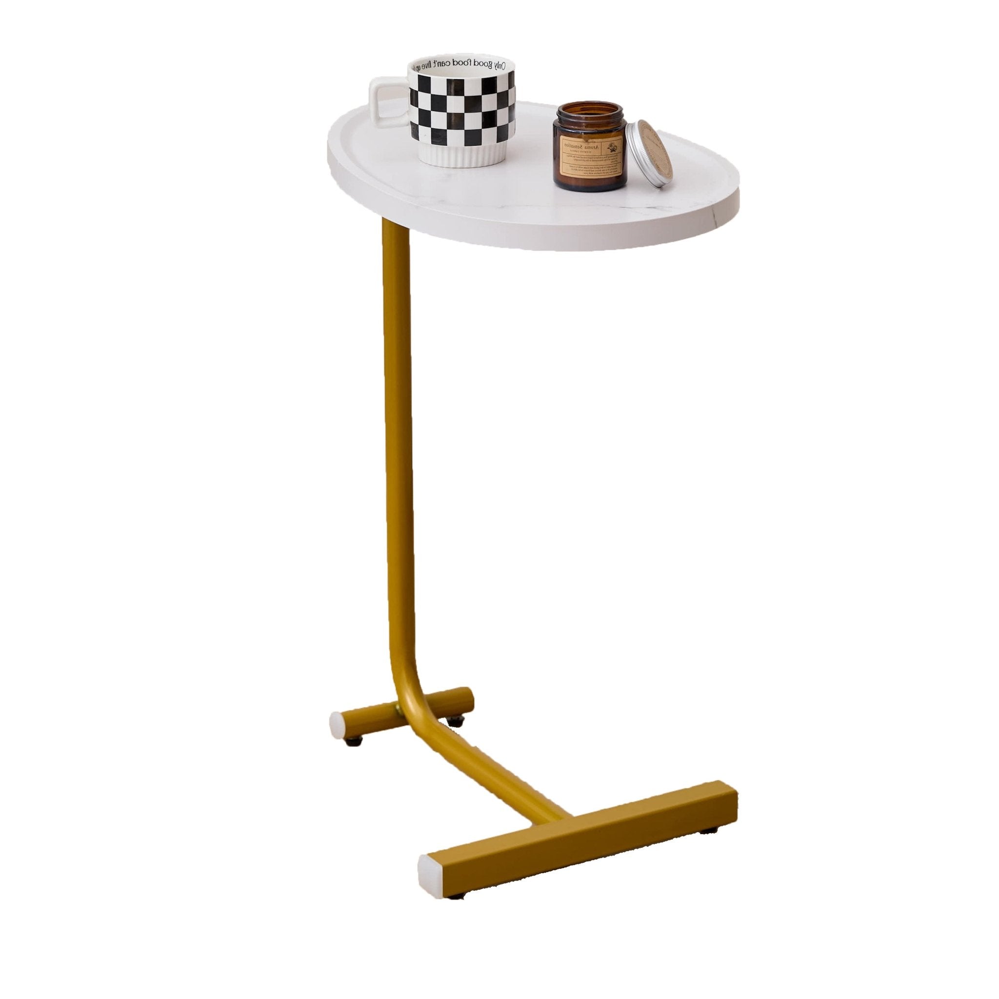 White metal C-shaped side table from Anthony & Home's Metal Luxe Collection with a premium MDF top, limited edition design.