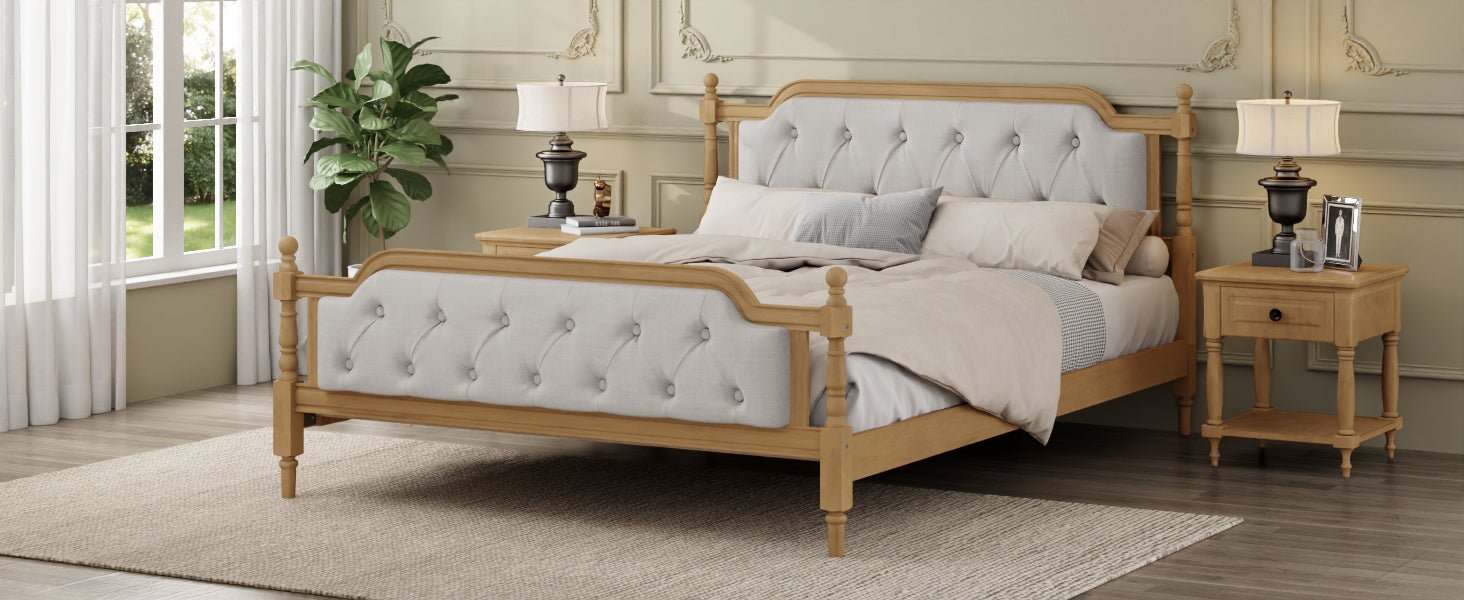 Queen solid wood bed frame with upholstered tufted headboard in antique walnut finish, from Anthony & Home collection.