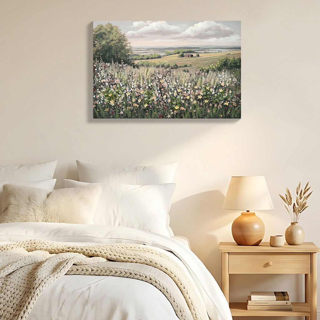 Anthony & Home framed canvas wall art featuring a scenic meadow with flowers, 24x36 inches landscape landscape painting.