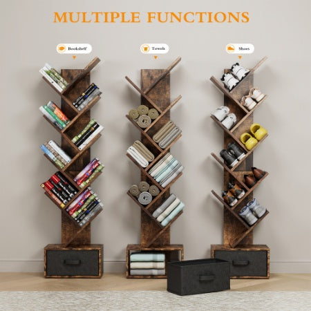 9 Tier Tree Bookshelf With Drawer Bookcase Rustic Brown