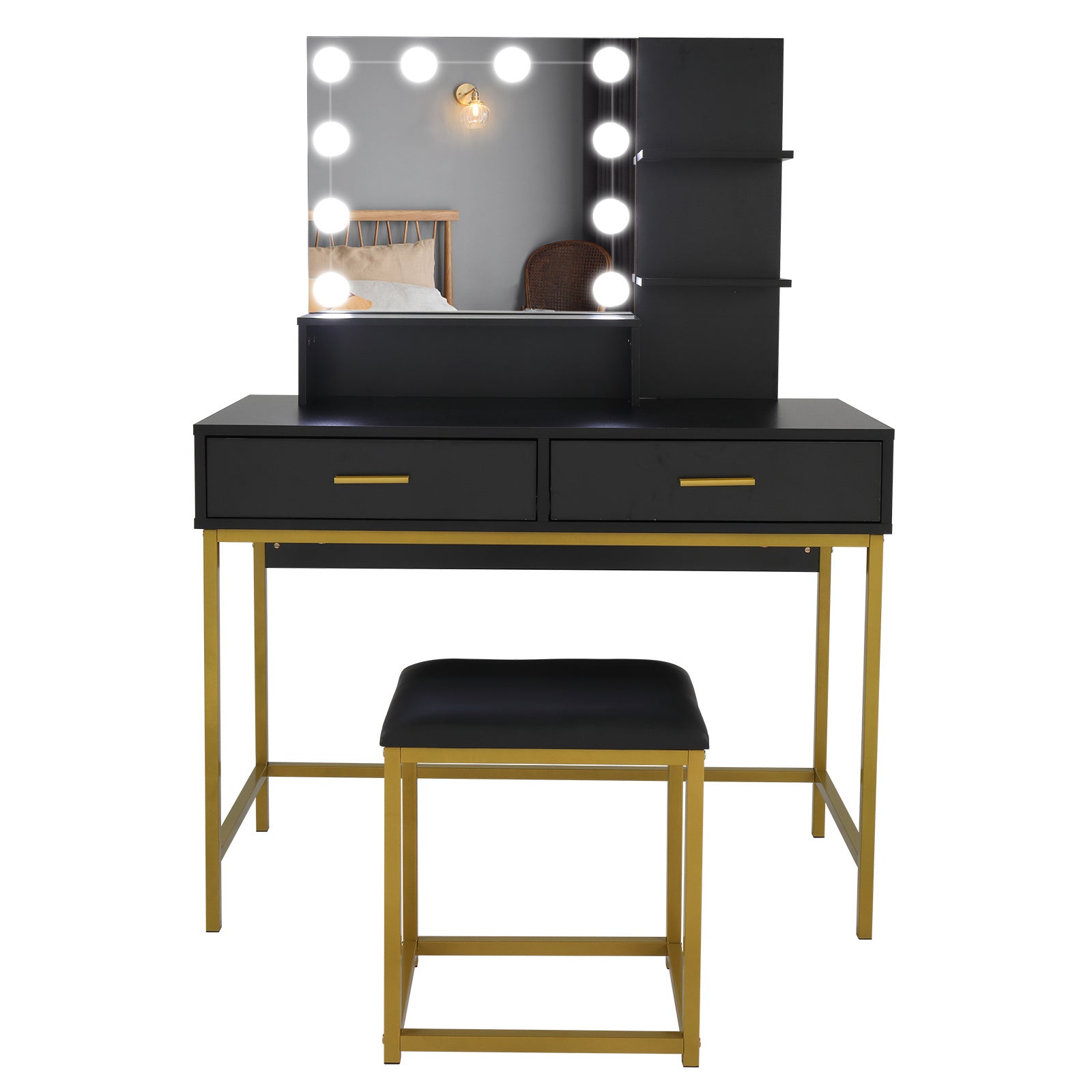 Black Dressing Table Set Two Drawers And Three Tier Shelf